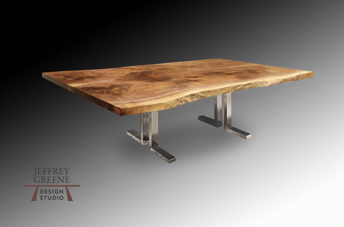 8 foot 1 inch Live Edge Black Walnut Wood Slab Dining Table Polished Stainless Steel Double L Base Jeffrey Greene