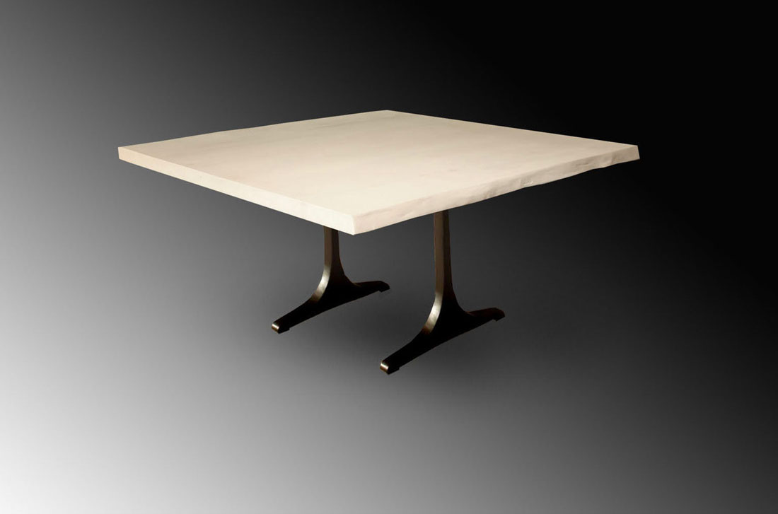 Live Edge Bleached Maple Slab Dark Oiled Bronze Sculpted T Base Dining Table by Jeffrey Greene