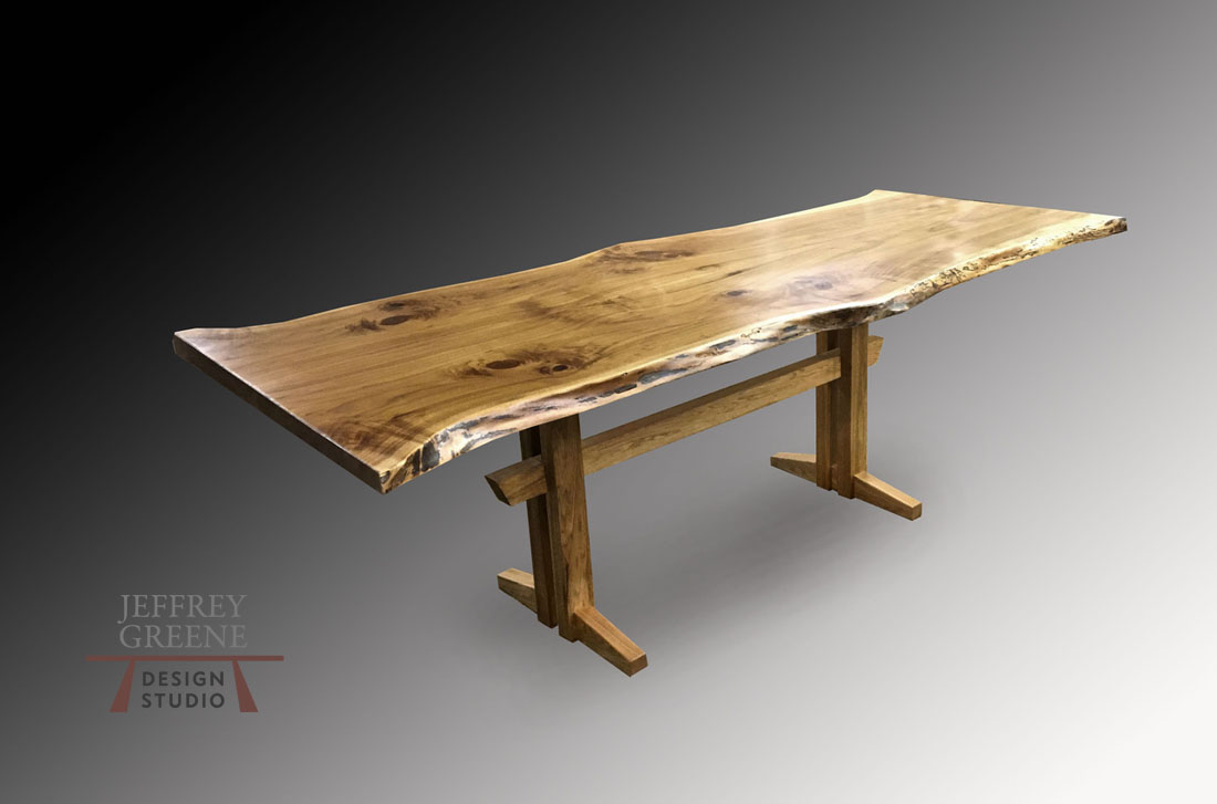Trestle Chinese Puzzle Wood Slab Dining Table with Raised Bar