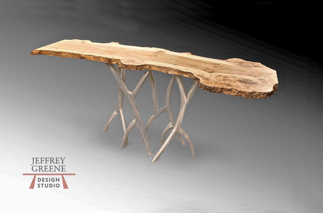 Live Edge Elm Burl Slab Console Table with Silver Forest Base by Jeffrey Greene