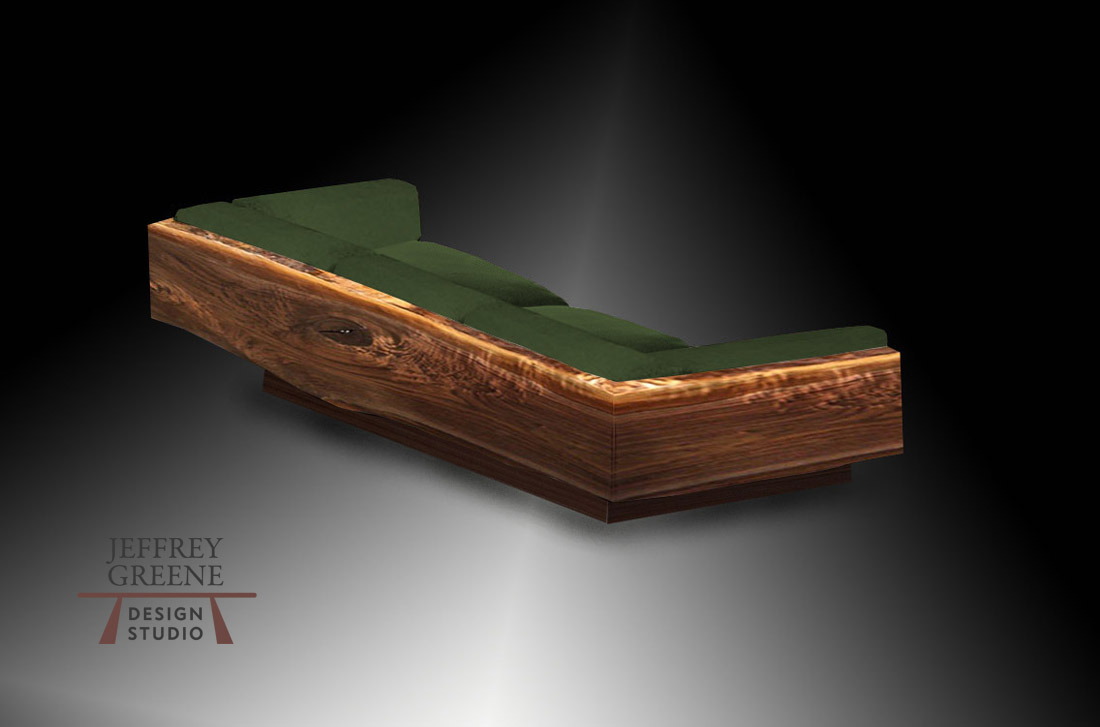 Live Edge Folded Couch Single Black Walnut Slab with Green Cushions by Jeffrey Greene