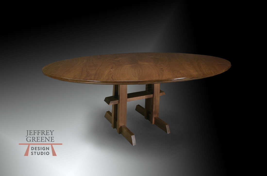 Pedestal Chinese Puzzle Base Dining Table with Round Finished Edge Black Walnut Slab by Jeffrey Greene
