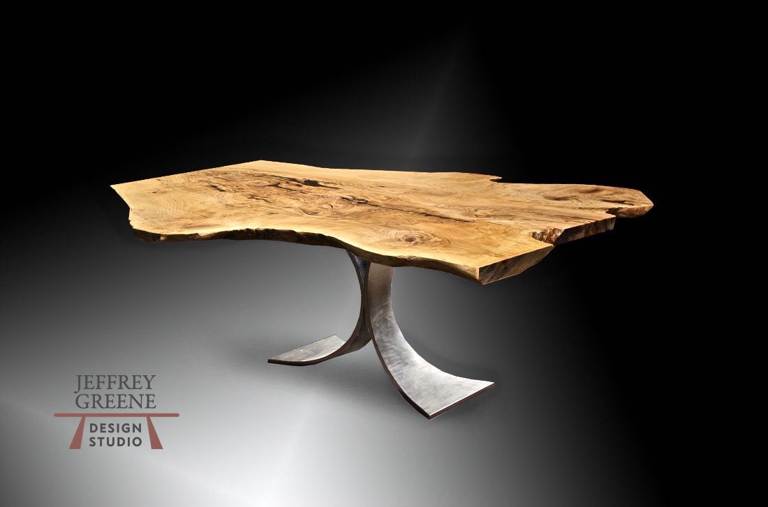 Live Edge Single Ash Slab Brushed Steel Fountain Dining Table by Jeffrey Greene
