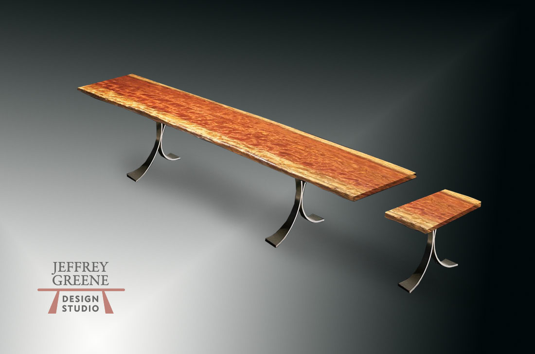 African Bubinga Double Steel Fountain Dining Table and Console from Continuous Live Edge Slab by Jeffrey Greene