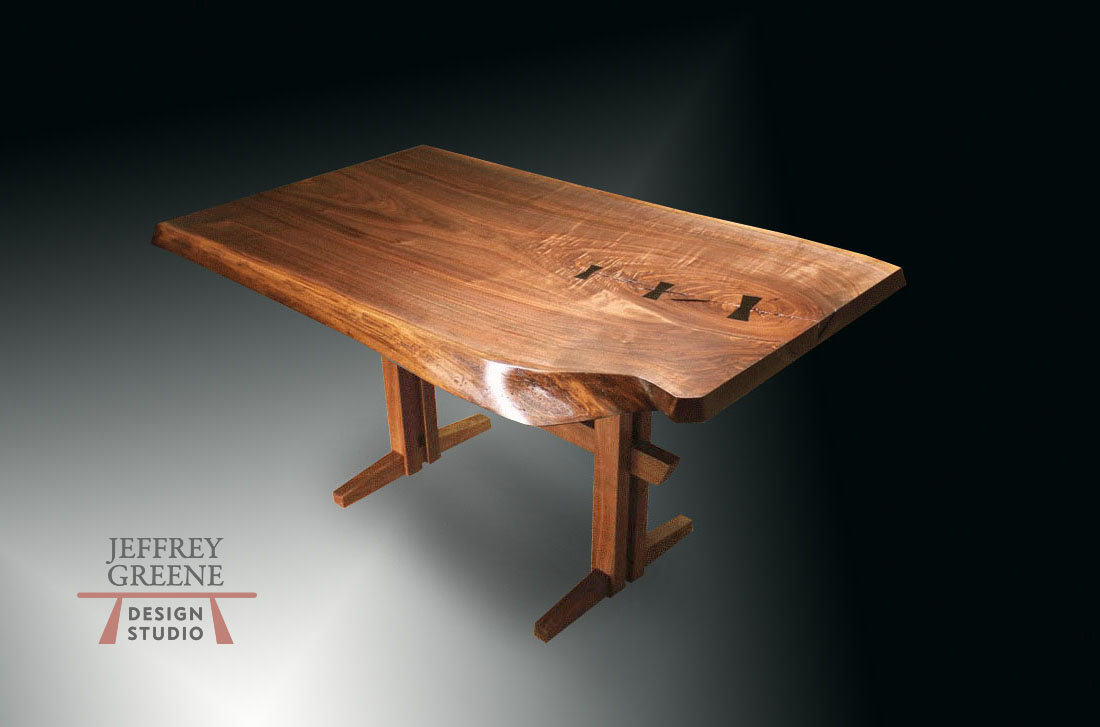 Live Edge Single Black Walnut Solid Wood Slab Dining Table with Ebony Butterfly Surface Inlays and Solid Walnut Chinese Puzzle Base by Jeffrey Greene