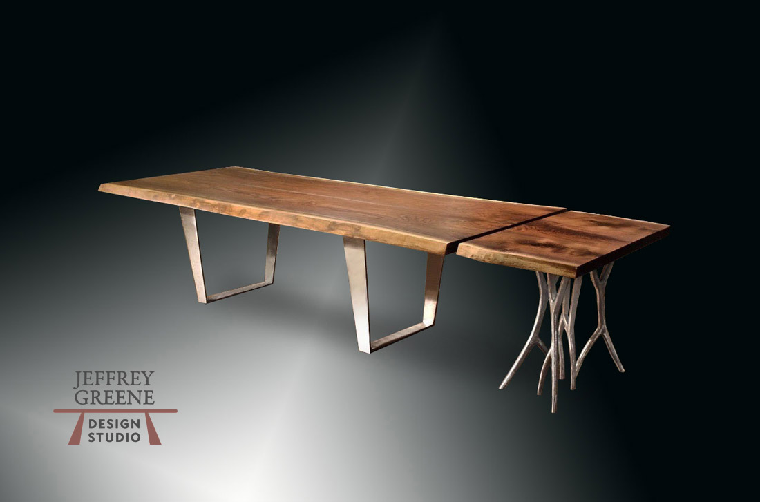 Double Folded Trapezoid Base Main Dining Table with Silver Forest Console from Cut Off Jeffrey Greene