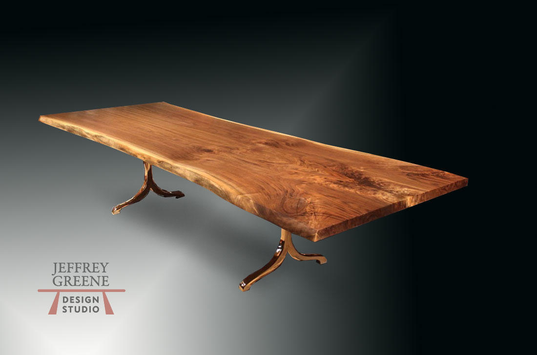 Live Edge Book Matched Black Walnut Solid Wood Slab Dining Table with Polished Solid Bronze Taj Base