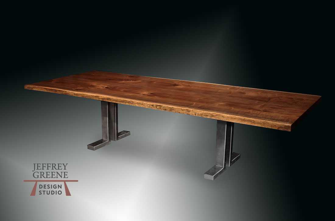 Live Edge Book Matched Black Walnut Solid Wood Slab Dining Table with Dark Oiled Bronze Finish Solid Aluminum Sculpted T Base by Jeffrey Greene