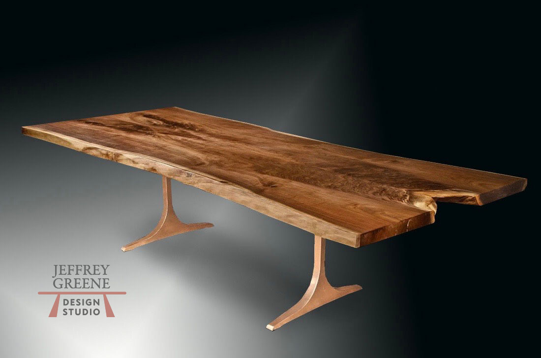 Live Edge Book Matched Black Walnut Solid Wood Slab Dining Table with Solid Brushed Bronze Sculpted T Base