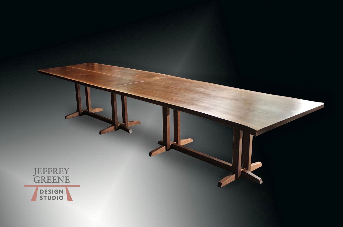 Two 7 Foot Live Edge Dining Tables End to End with Chinese Puzzle Bases by Jeffrey Greene