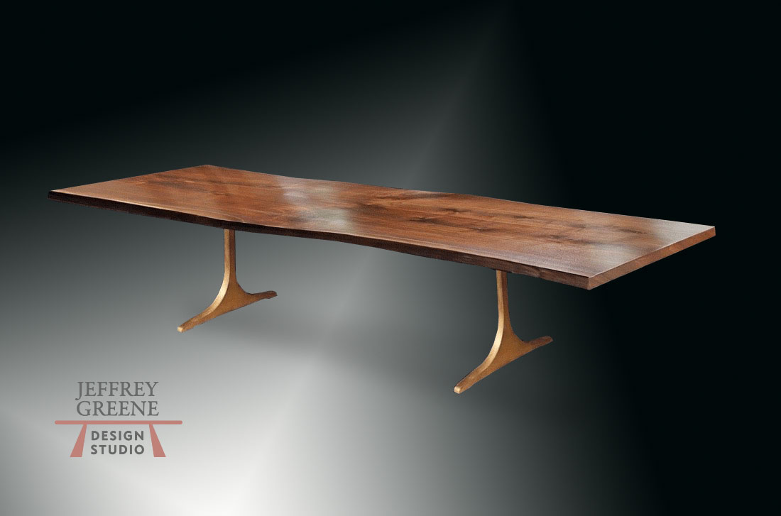 Live Edge Book Matched Black Walnut Solid Wood Slab Dining Table with Brass Finish Sculpted T Base by Jeffrey Greene