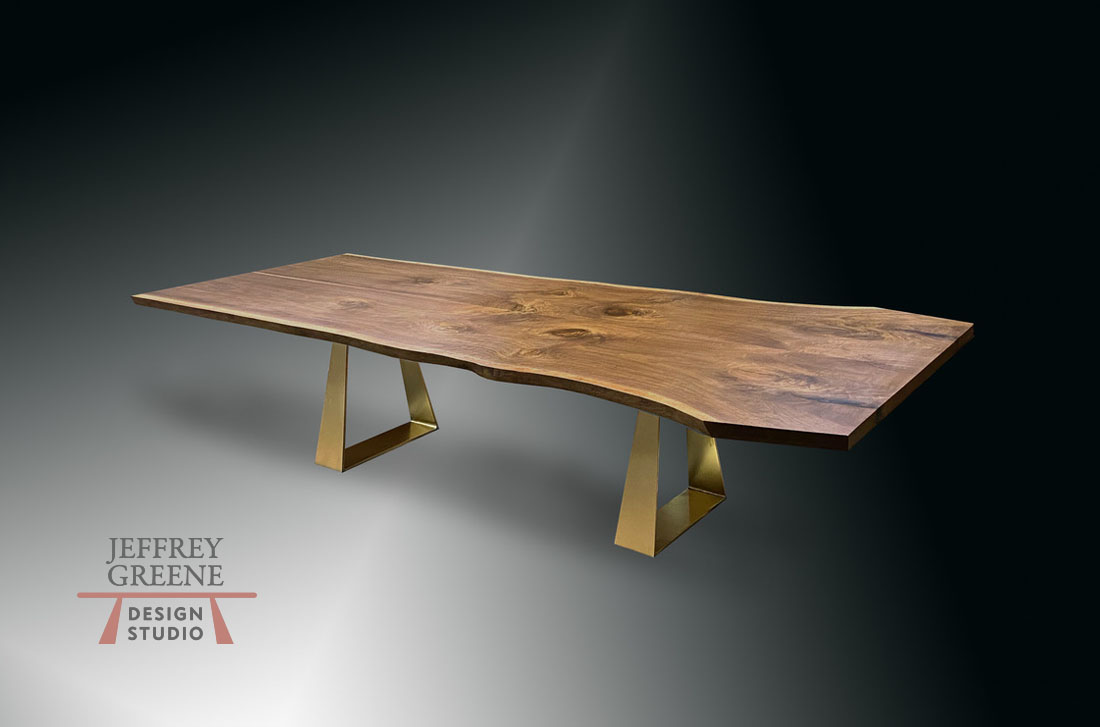 Inverted Trapezoid Live Edge Dining Table in Steel with Brass Finish Jeffrey Greene