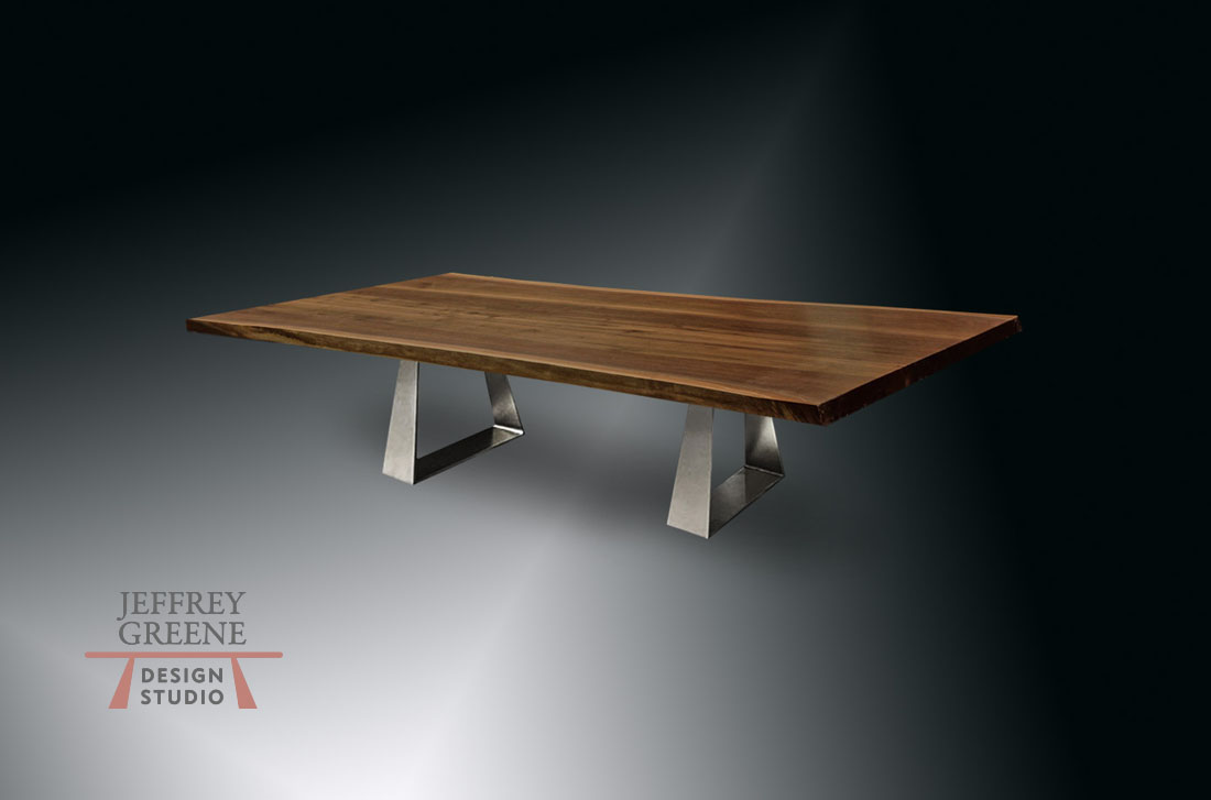 8' Live Edge Divergence Series Black Walnut Dining Table with Inverted Trapezoid Base in Brushed Steel Jeffrey Greene