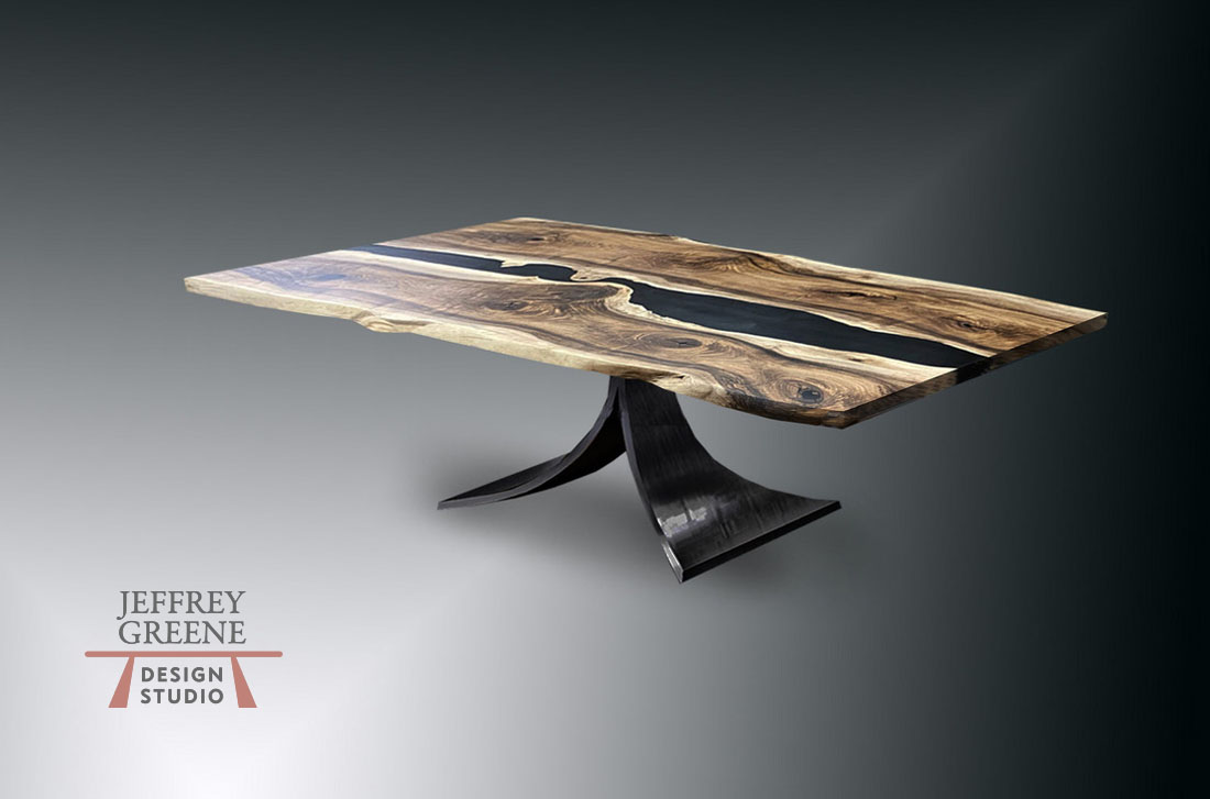 Live Edge Black River Dining Table with Burnished Black Steel Fountain Base Jeffrey Greene