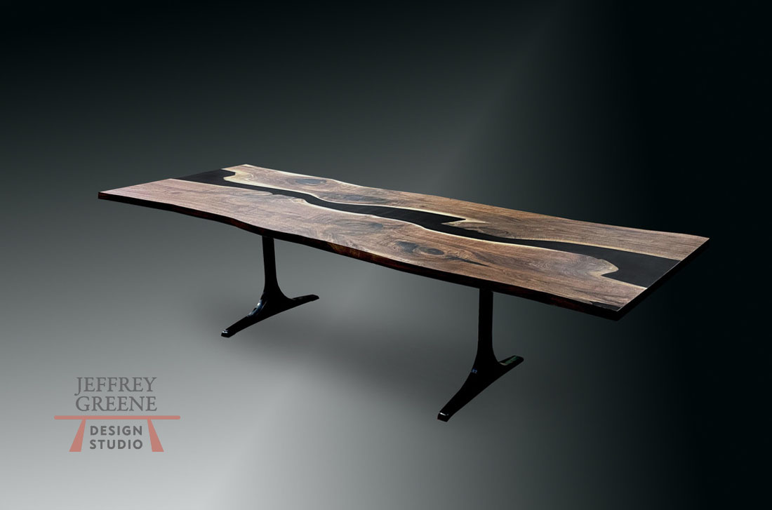 Live Edge Black Walnut River Feature with Burnished Black Sculpted T Base