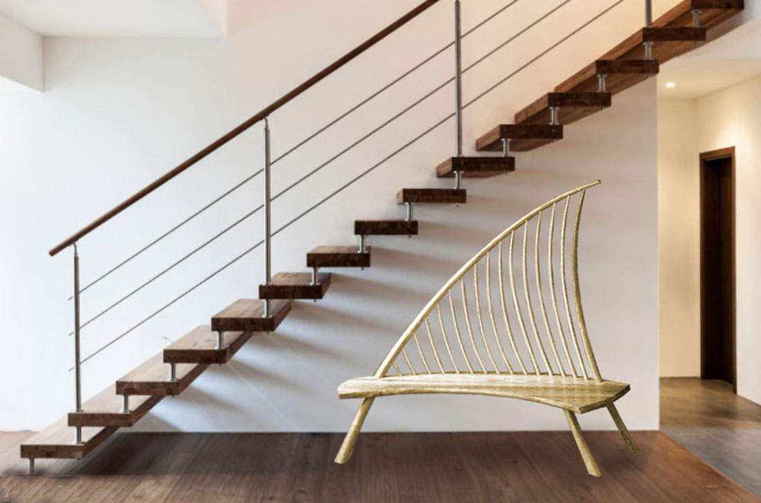 High Back Windsail Bench at Contemporary Staircase Jeffrey Greene