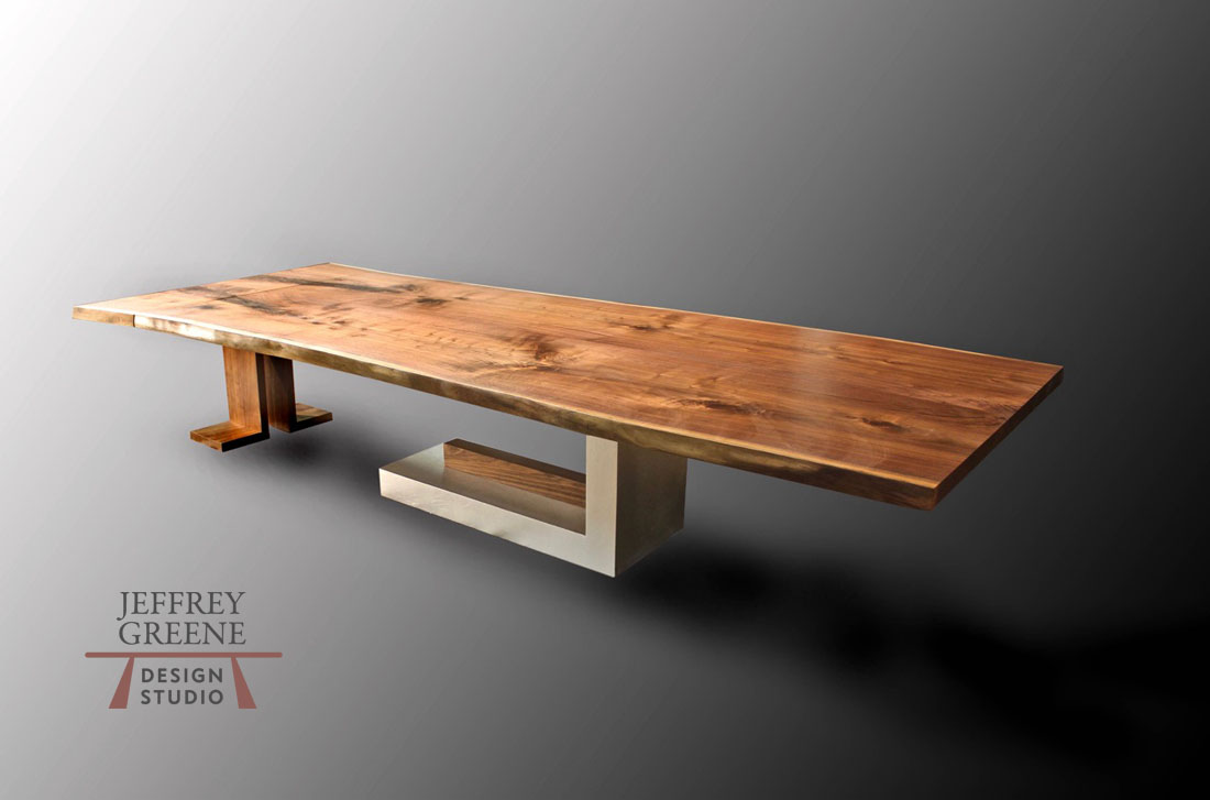 13' Total Length Live Edge Black Walnut Silver Monolith Dining Table and Double L Console Jeffrey Greene