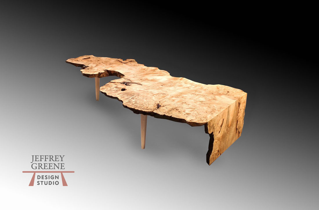 Alternate View of Live Edge Curly Maple Slab Half Fold Coffee Table with Solid Maple Spindle Legs
