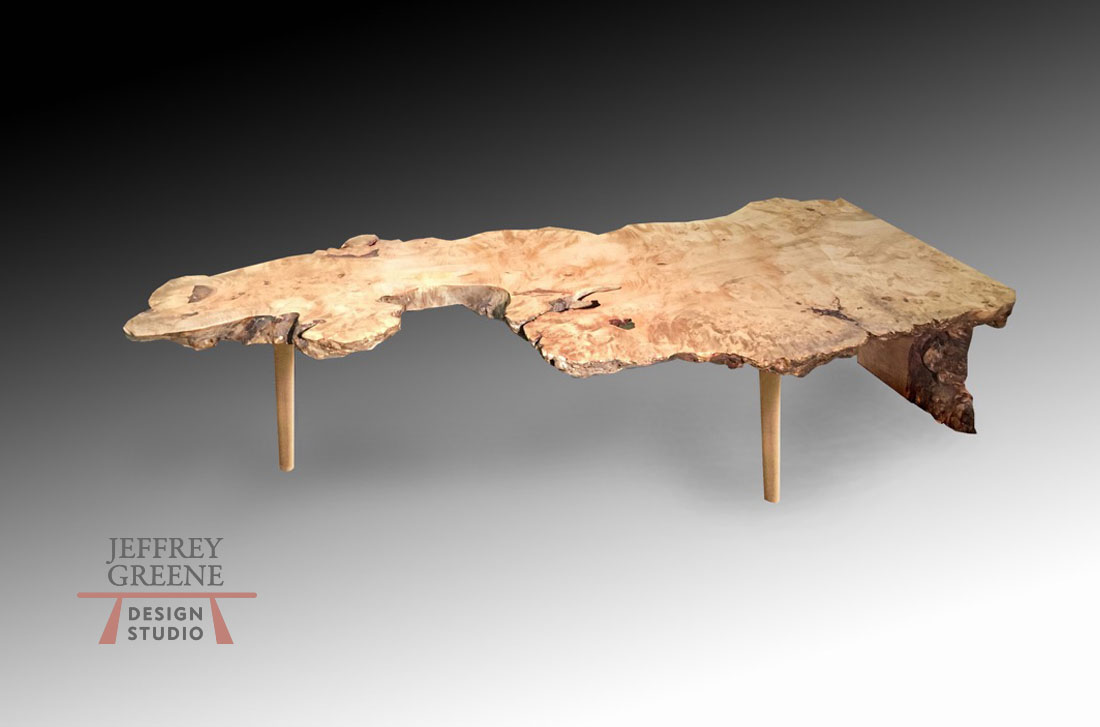 Live Edge Curly Maple Half Fold Coffee Table with Spindle Legs