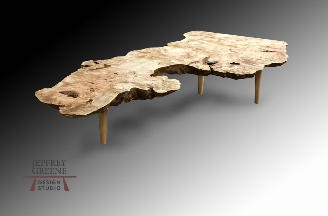 Live Edge Curly Maple Spindle Base Coffee Table Jeffrey Greene