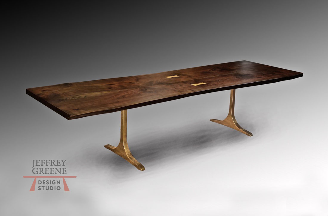 Two Section Live Edge Black Walnut Dining Table with Brass Inlays Jeffrey Greene