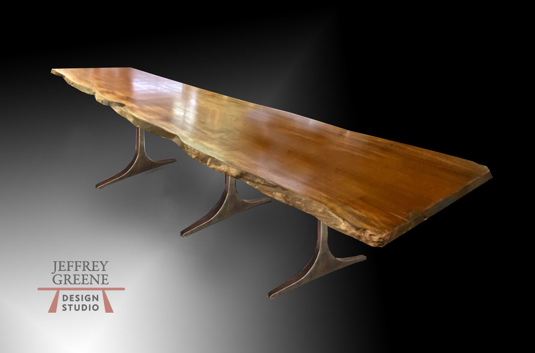 Available Immediately Live Edge Single African Sapele DIning Table Dark Oiled Bronze Sculpted T Base Jeffrey Greene