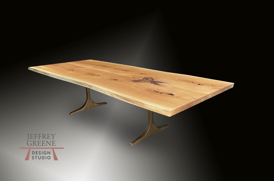 Live Edge Book Matched White Oak Dining Table with Antique Brass Sculpted T Base Jeffrey Greene
