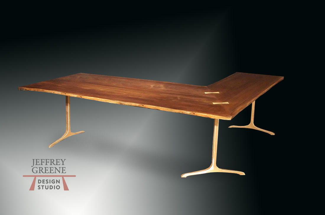 Live Edge Custom Desk with Solid Bronze Slender Sculpted T Base and Brass Inlays