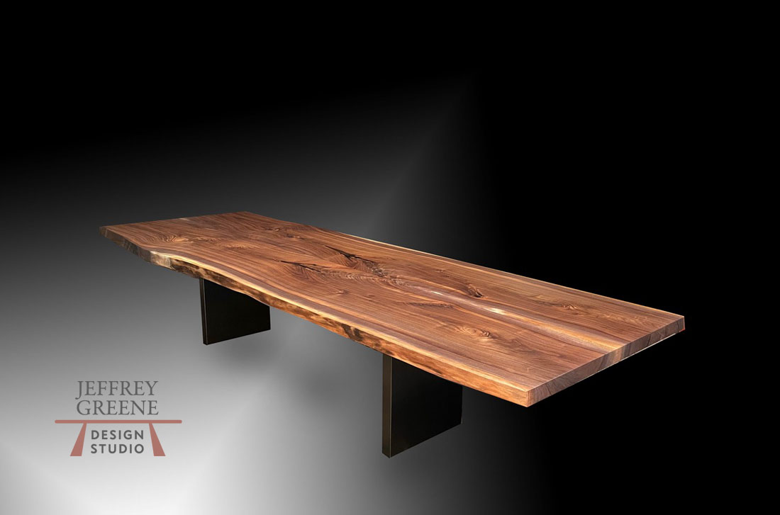 Available Immediately Live Edge Black Walnut Dining Table with Burnished Black Steel Board Legs Jeffrey Greene