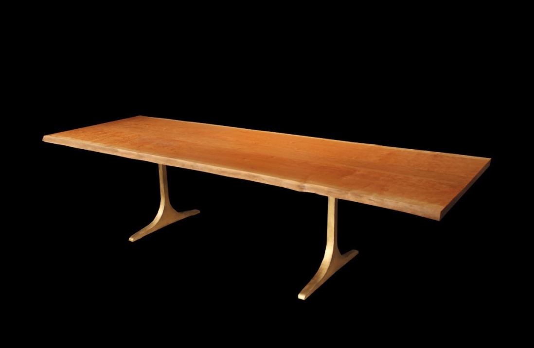 Live Edge Book Matched Cherry Dining Table with Sculpted T Base in Brass Finish